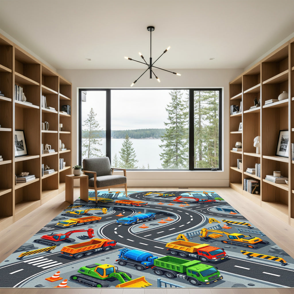 Vibrant Construction Site Isometric Roadway Rug