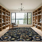 Midnight Black Floral Garden Rug