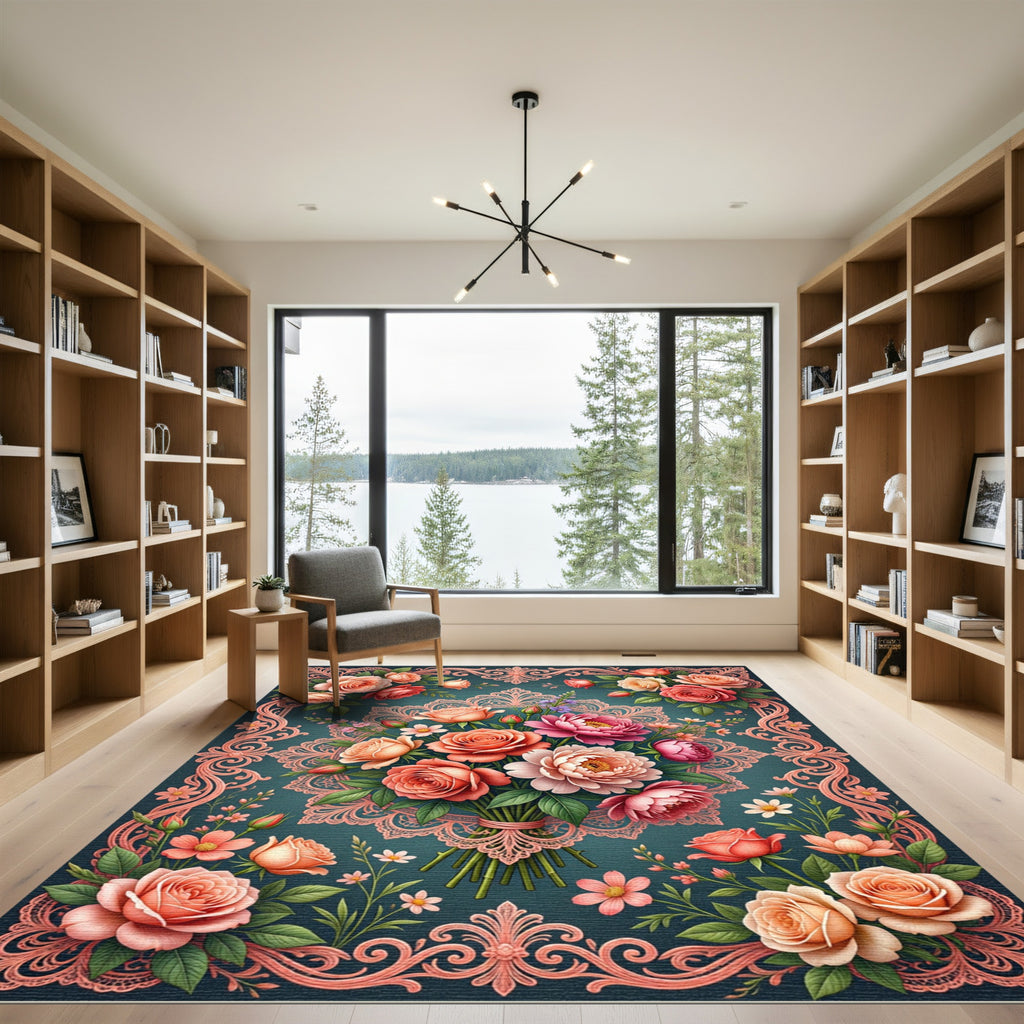 Elegant Rose Floral Lace Medallion Rug