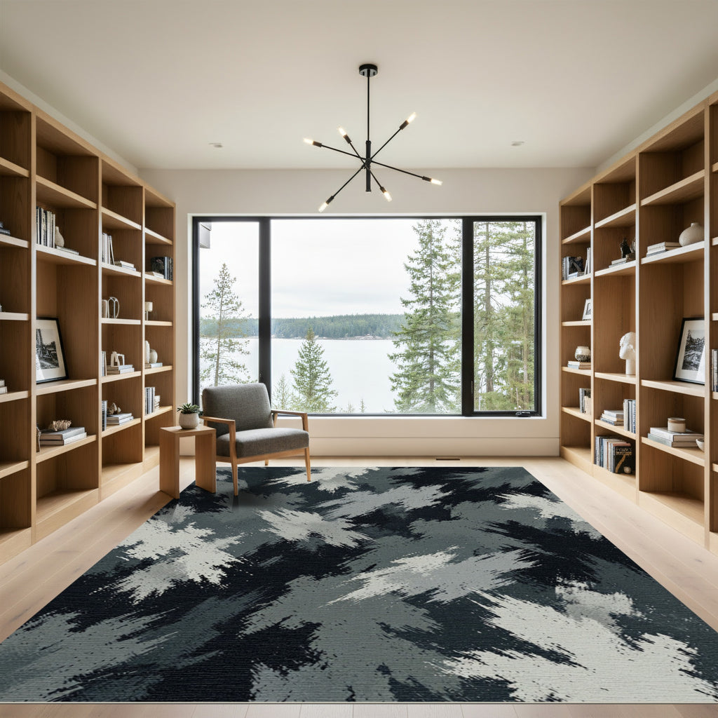 Monochrome Abstract Charcoal Brushstroke Textured Rug