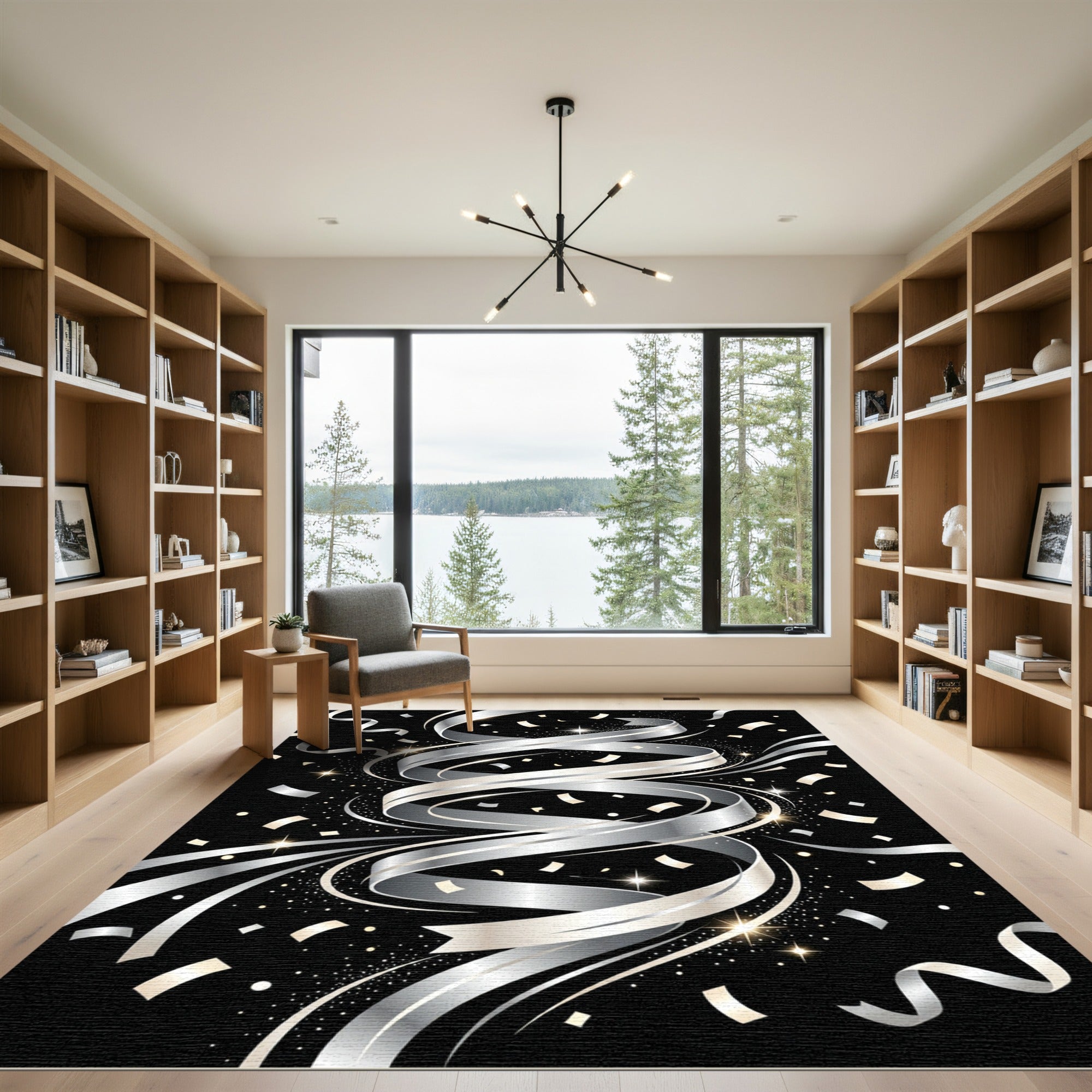 Elegant Silver Swirling Ribbon Celebration Rug