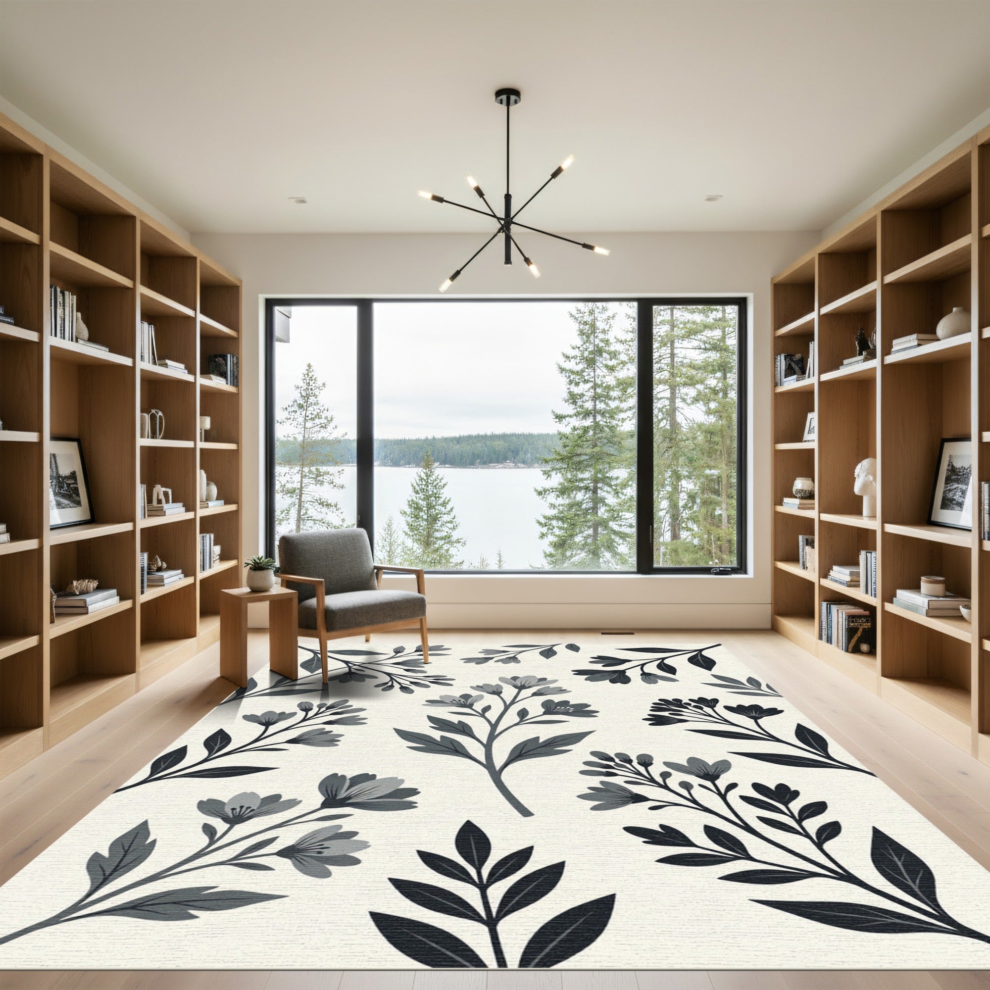 Elegant Charcoal Botanical Floral Meadow Rug