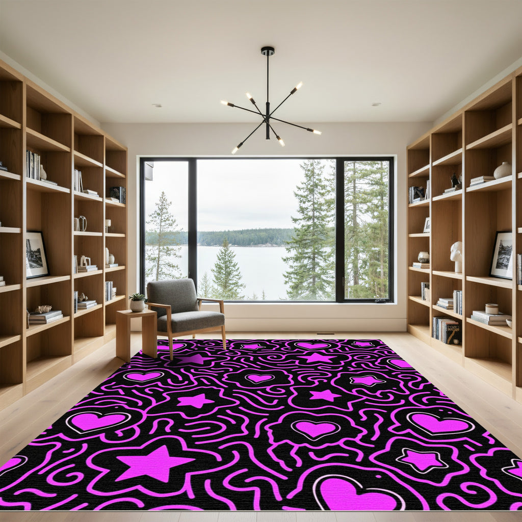 Hot Pink Hearts Stars Doodle Rug