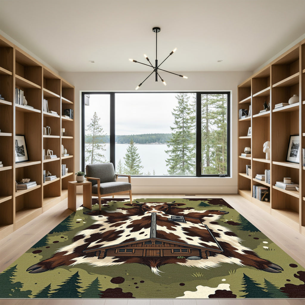 Rustic Brown White Cowhide Cabin Landscape Rug