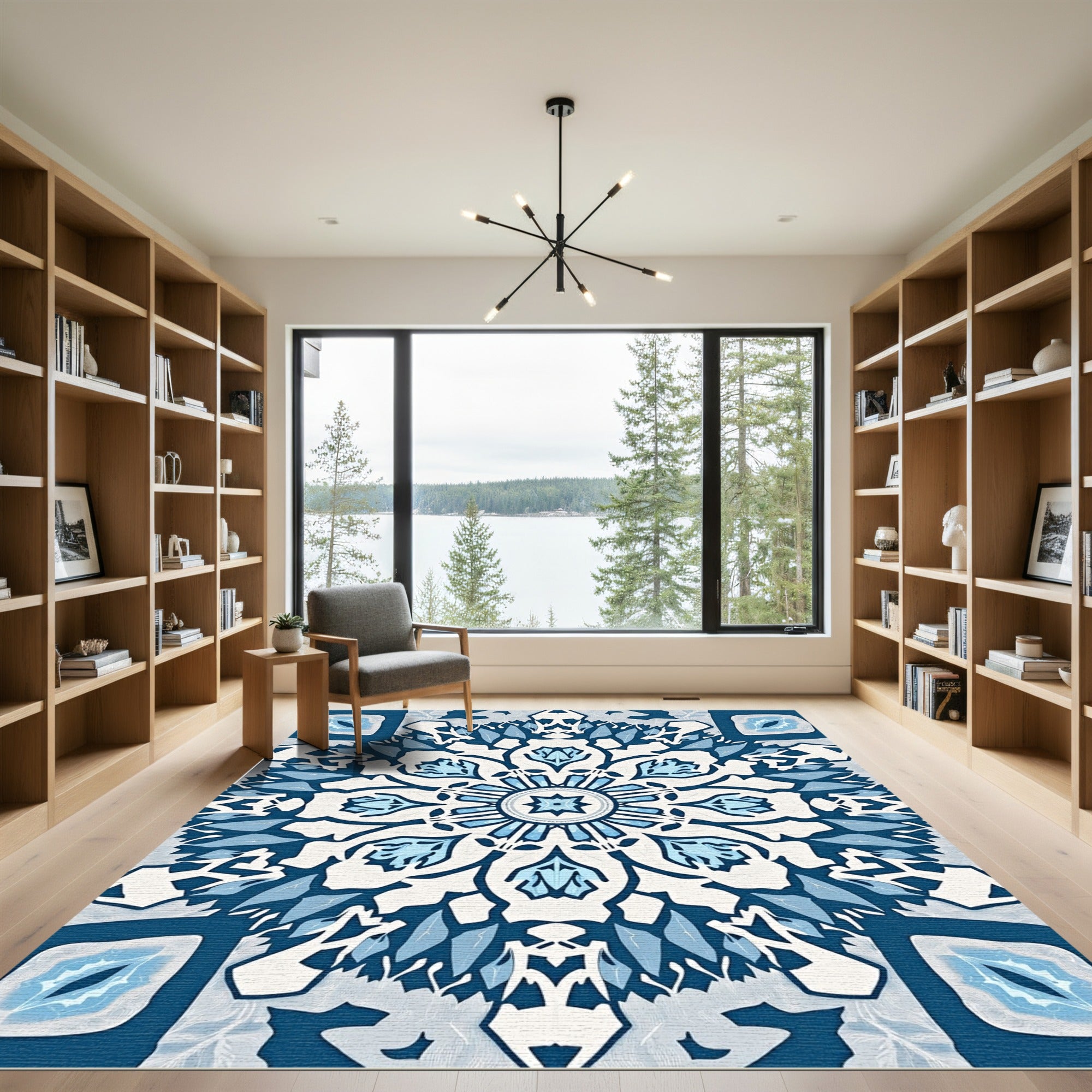 Deep Blue Snowflake Mandala Rug
