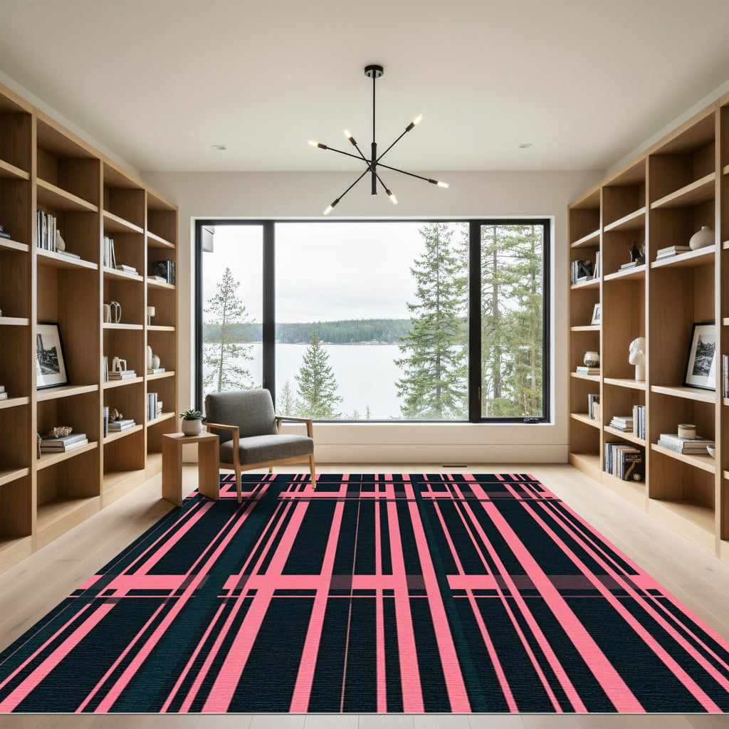 Modern Pink and Black Geometric Plaid Rug