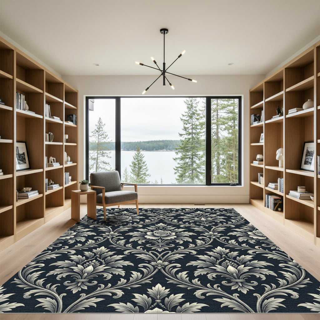 Dark Gray Damask Floral Scroll Rug