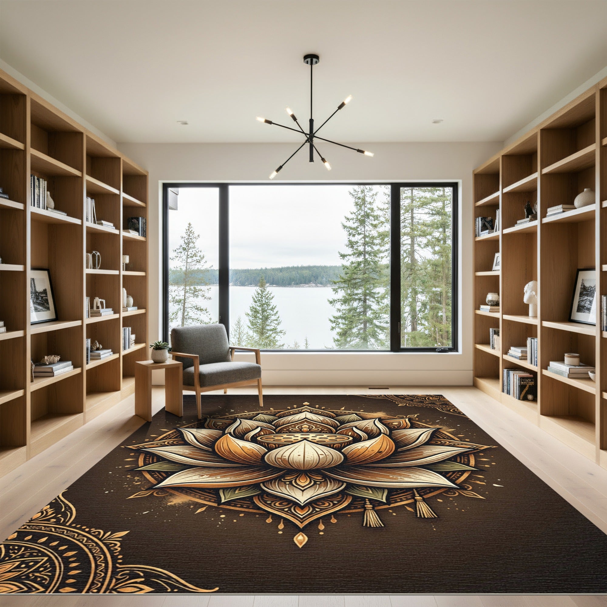 Elegant Golden Lotus Mandala Art Rug