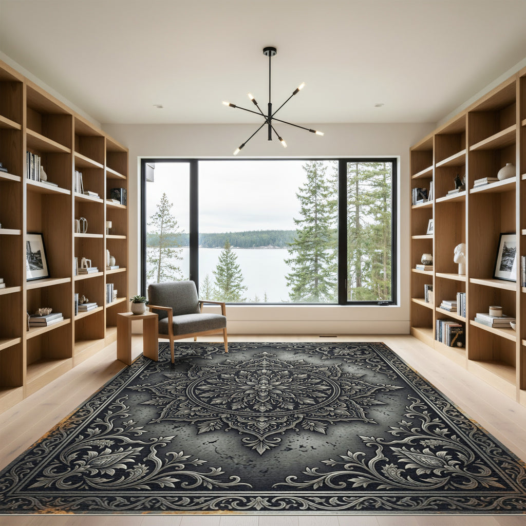 Intricate Slate Ornate Floral Medallion Rug