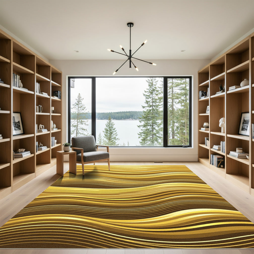 Golden Radiant Fluid Wave Abstract Rug