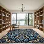 Elegant Blue and Gold Ornate Damask Rug