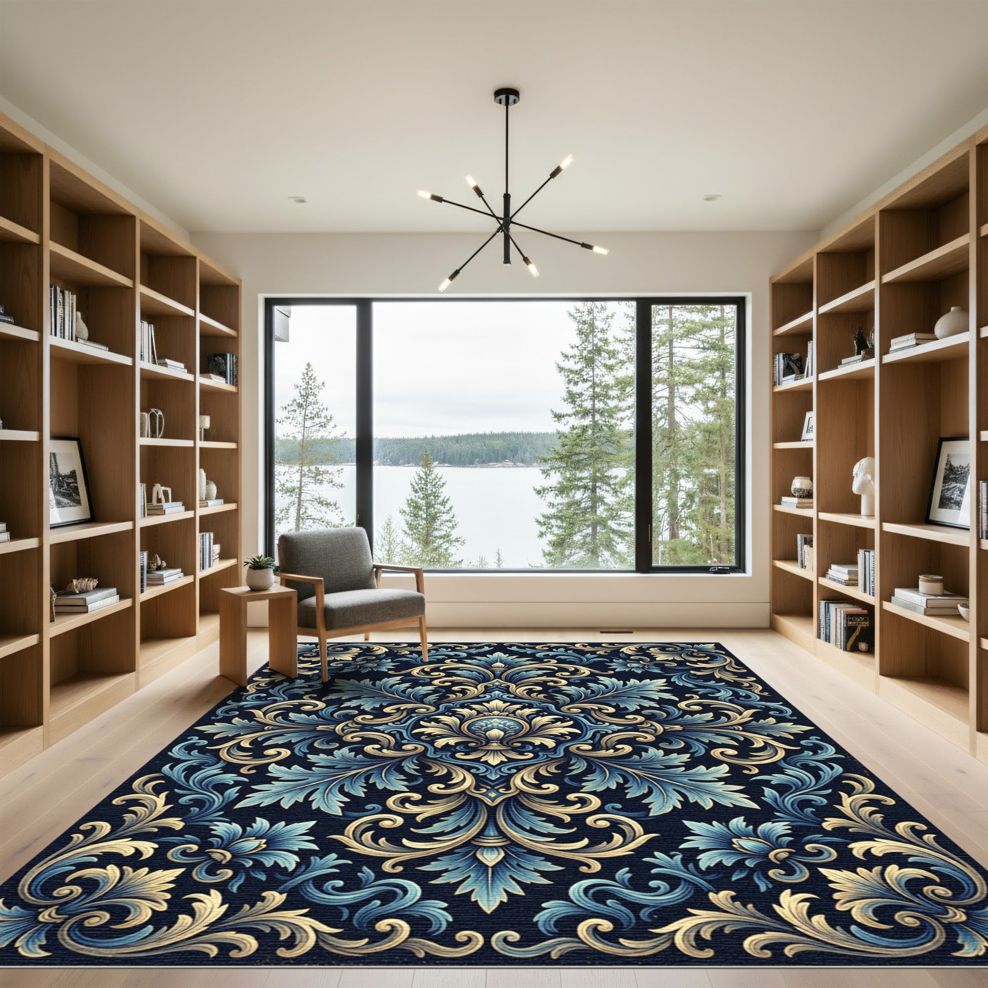 Elegant Blue and Gold Ornate Damask Rug