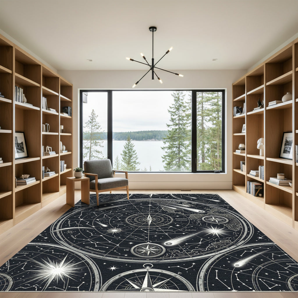 Celestial Black White Astro Compass Map Rug