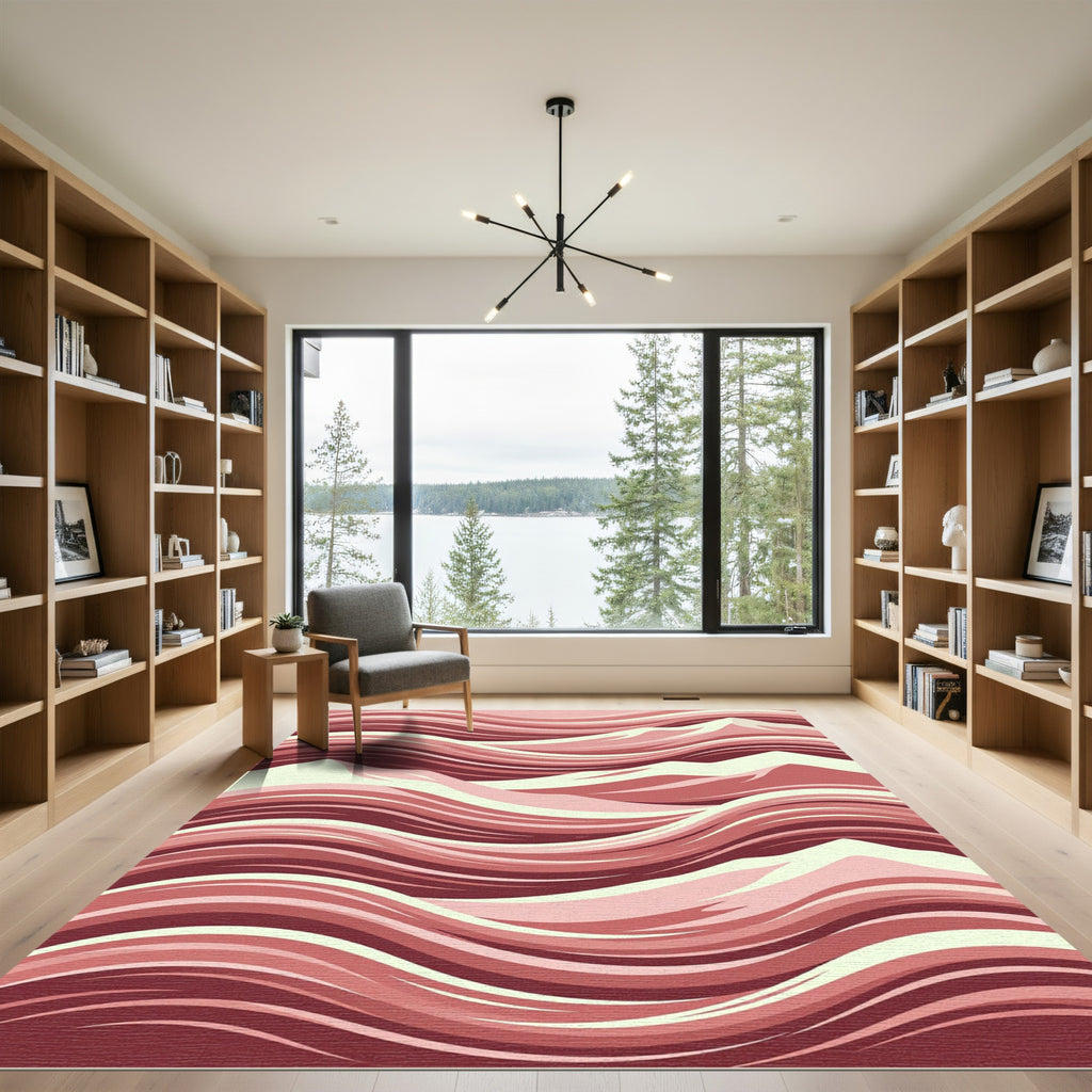 Crimson Waves Mountain Landscape Rug