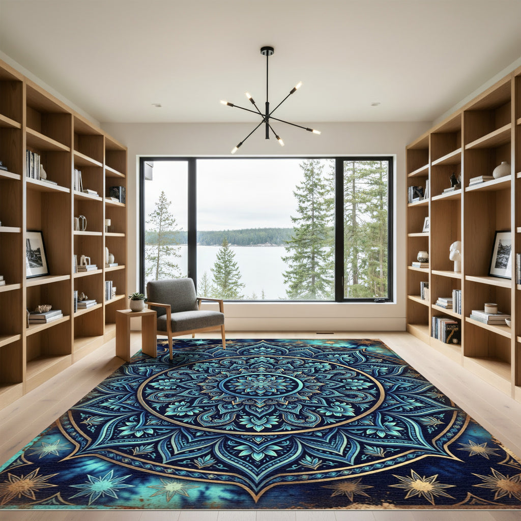Deep Blue Golden Mandala Floral Rug