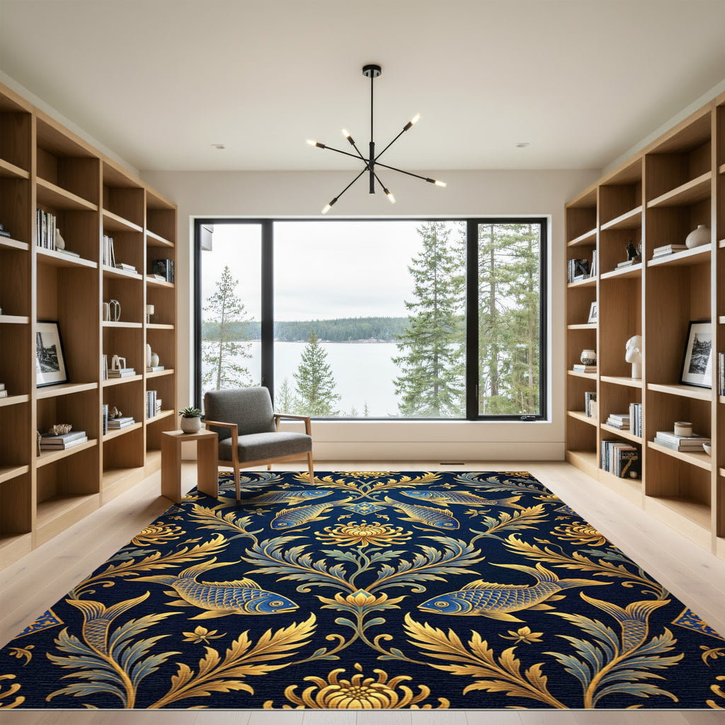 Golden Koi Floral Navy Articulated Rug