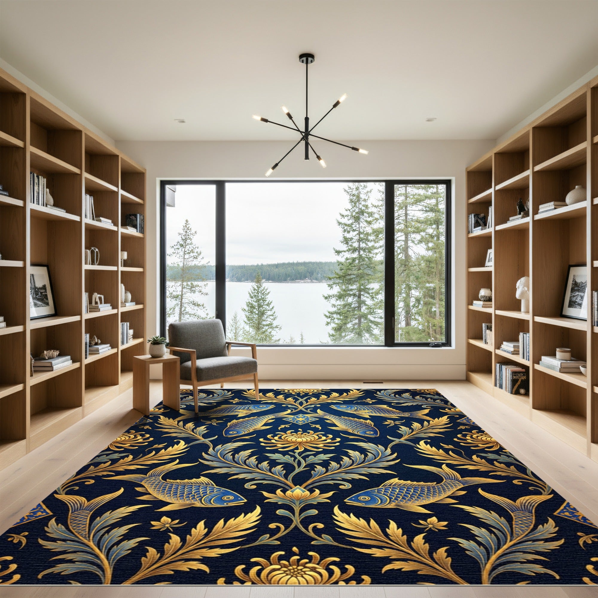 Golden Koi Floral Navy Articulated Rug