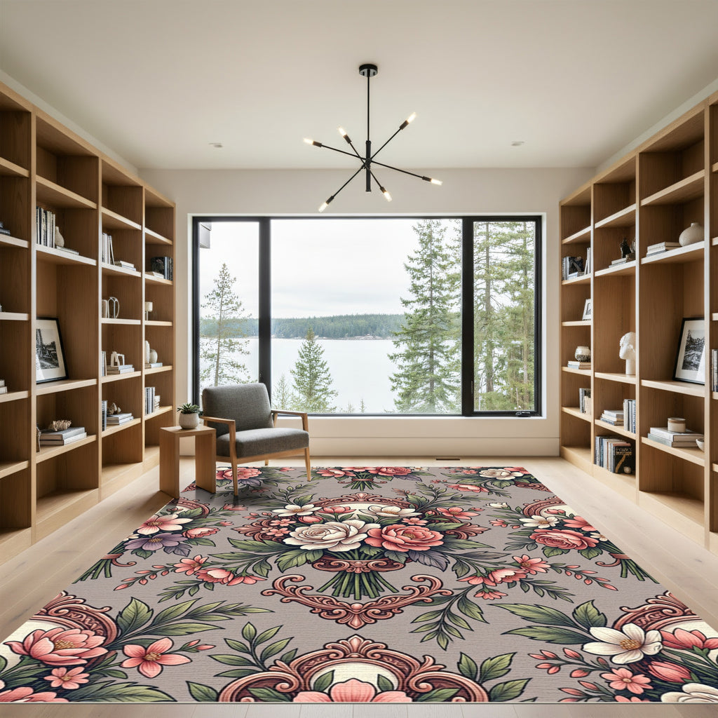 Baroque Pink Floral Bouquet Accents Rug