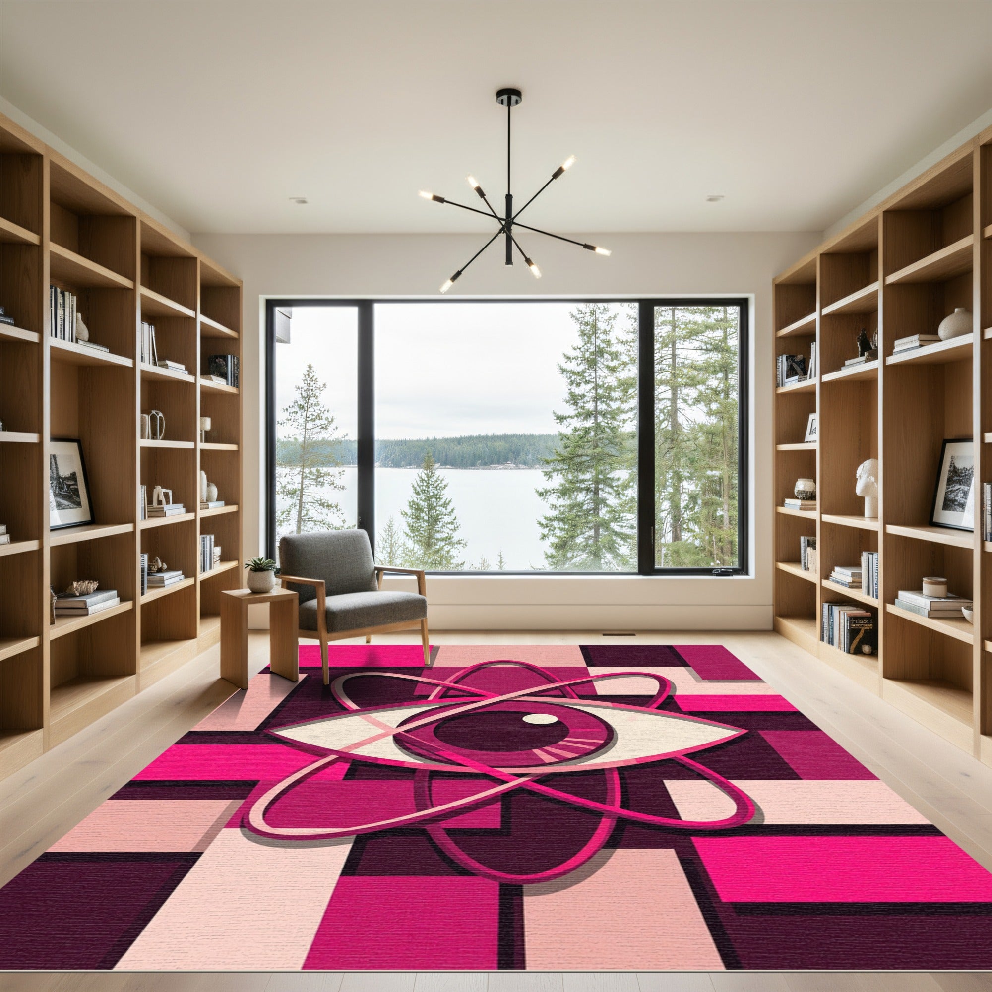 Vibrant Pink Atom Geometric Abstract Art Rug
