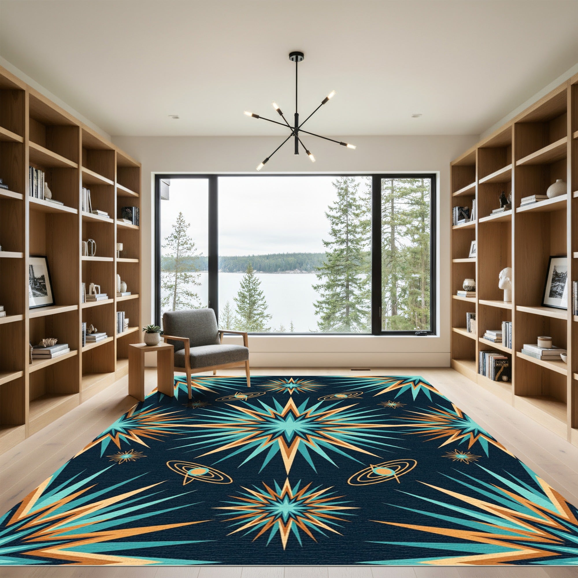 Celestial Teal and Gold Starry Sky Rug