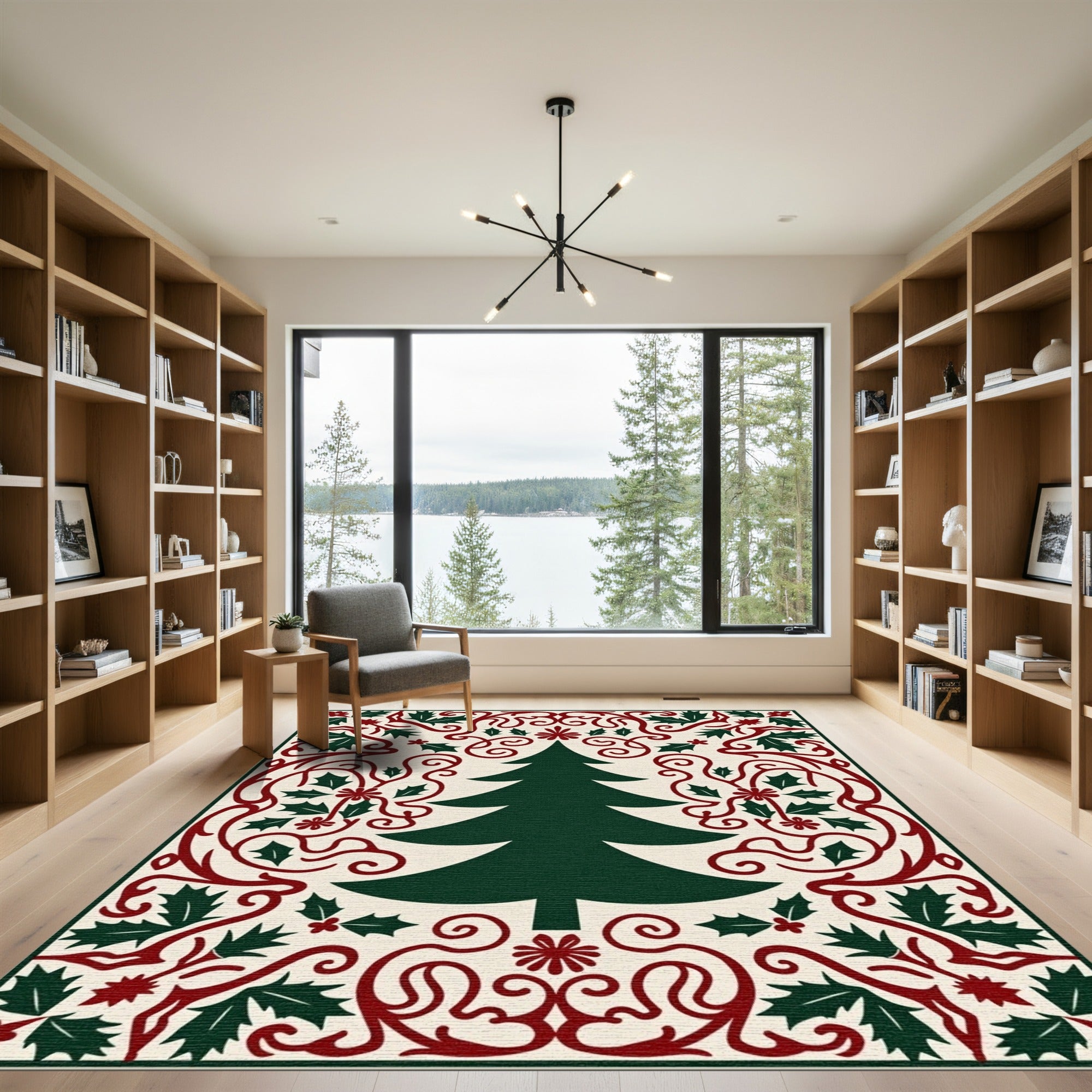 Festive Green Tree Holly Border Rug