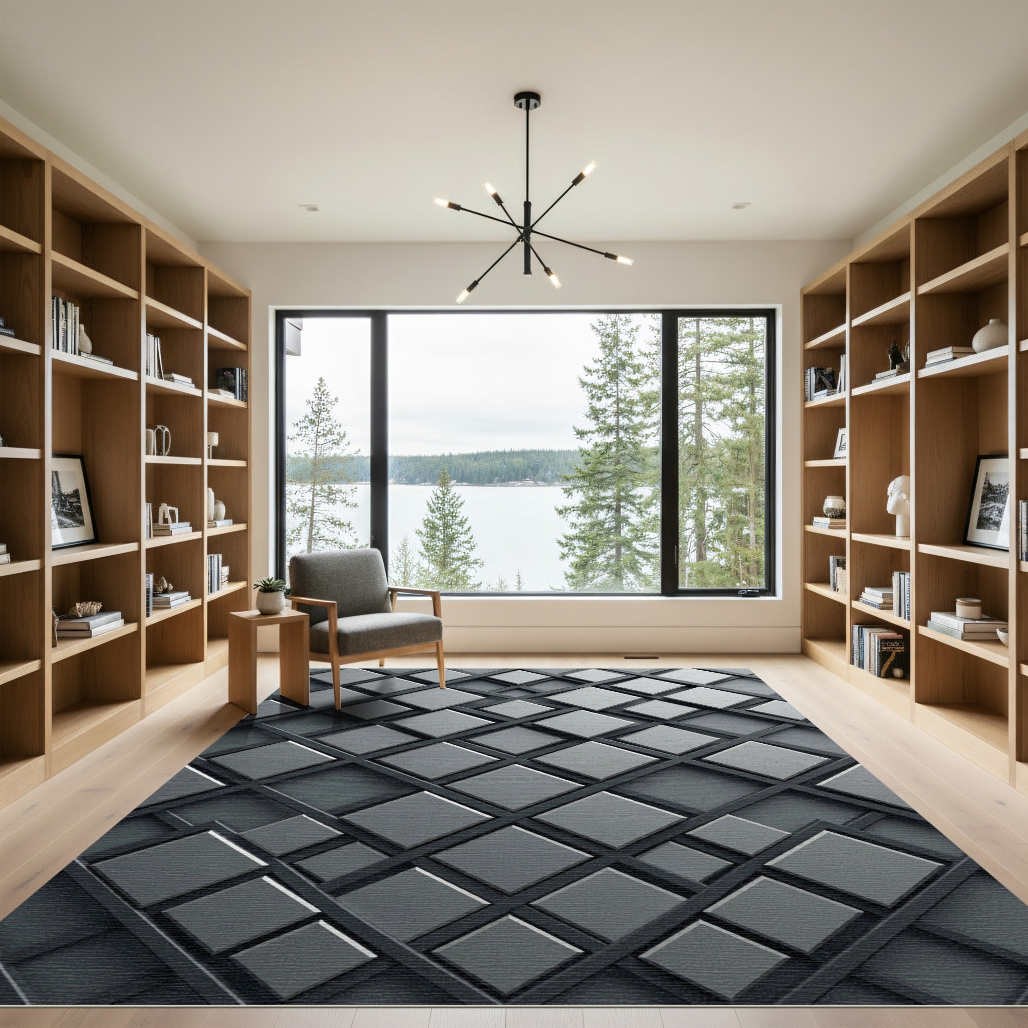 Sophisticated Charcoal Interlocking Lattice Geometric Rug