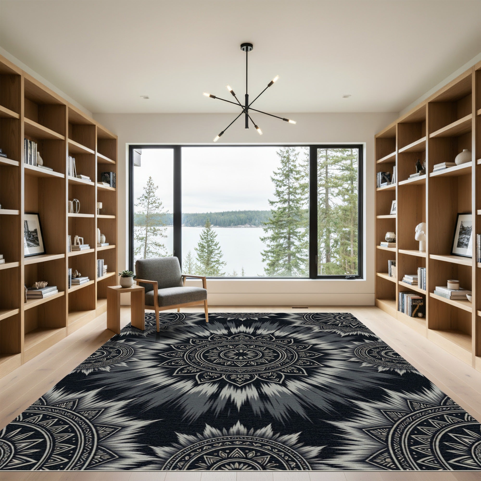 Monochromatic Floral Burst Mandala Rug