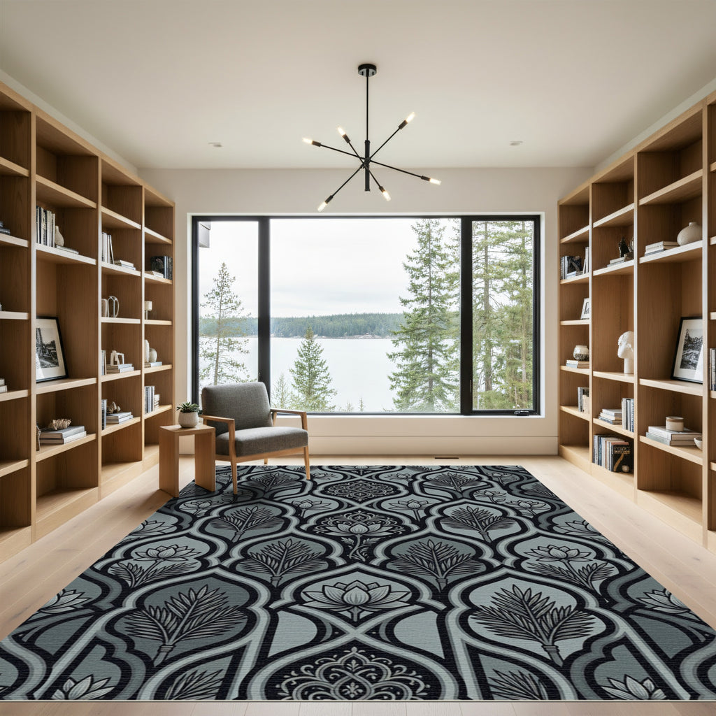 Monochromatic Gray Lotus Arch Pattern Rug