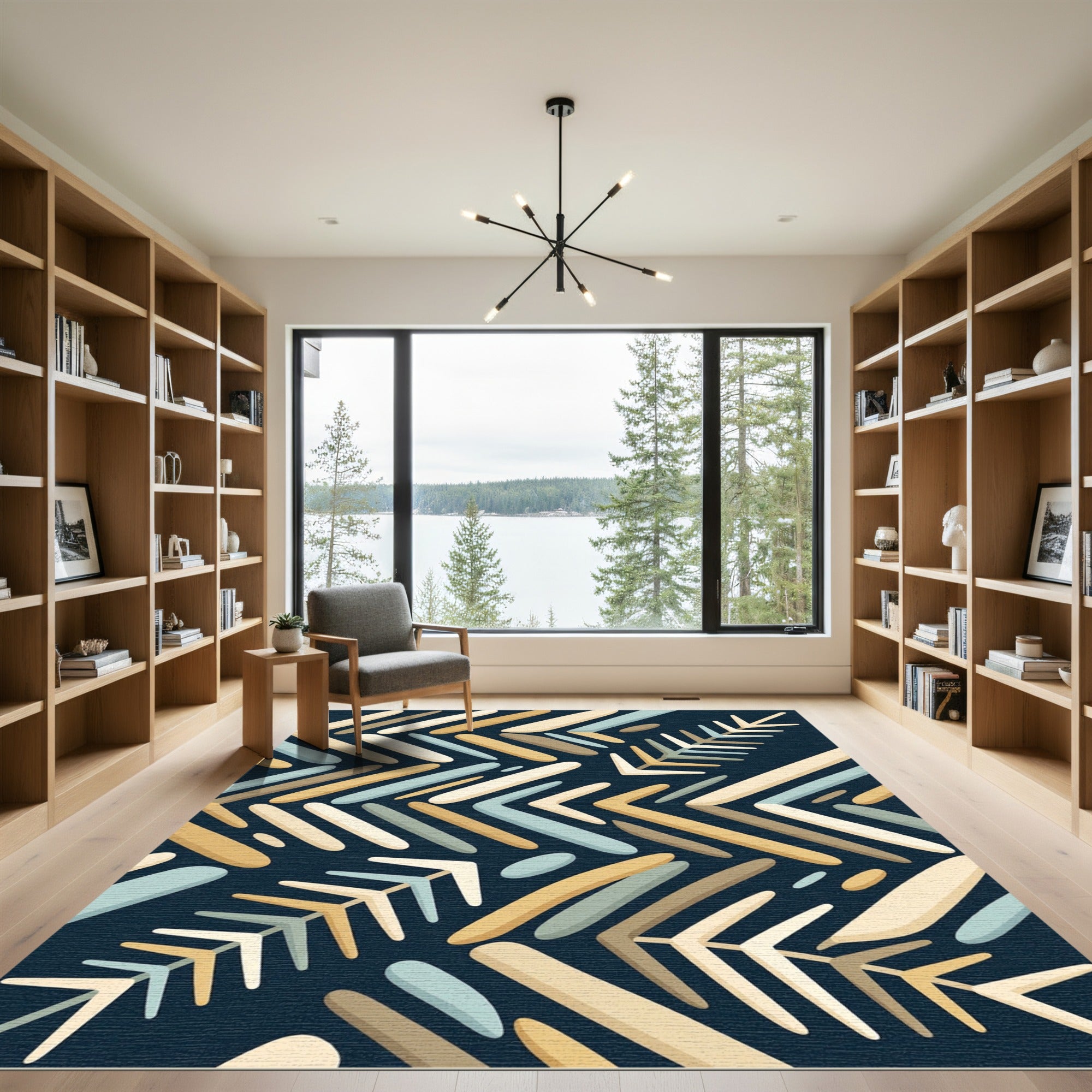 Midcentury Herringbone Chevron Navy Cream Beige Rug