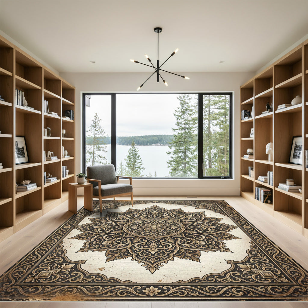 Ornate Golden Filigree Medallion Area Rug