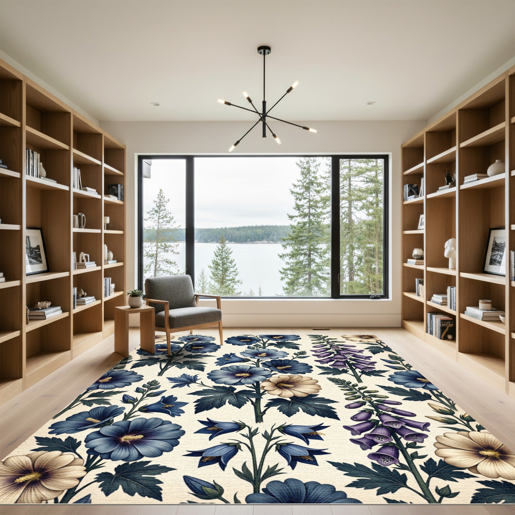 Blue Purple Botanical Floral Arrangement Rug