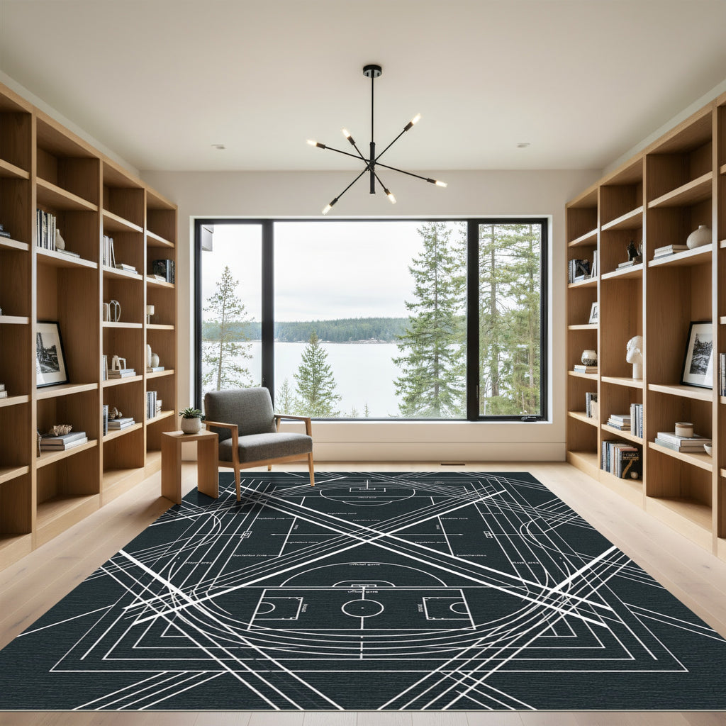 Architectural Monochrome Geometric Athletic Court Lines Rug