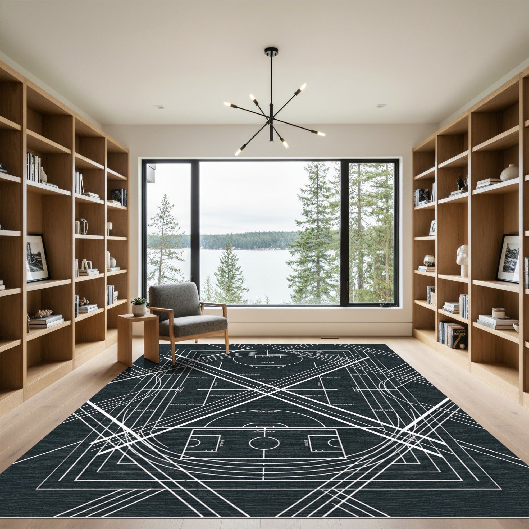 Architectural Monochrome Geometric Athletic Court Lines Rug