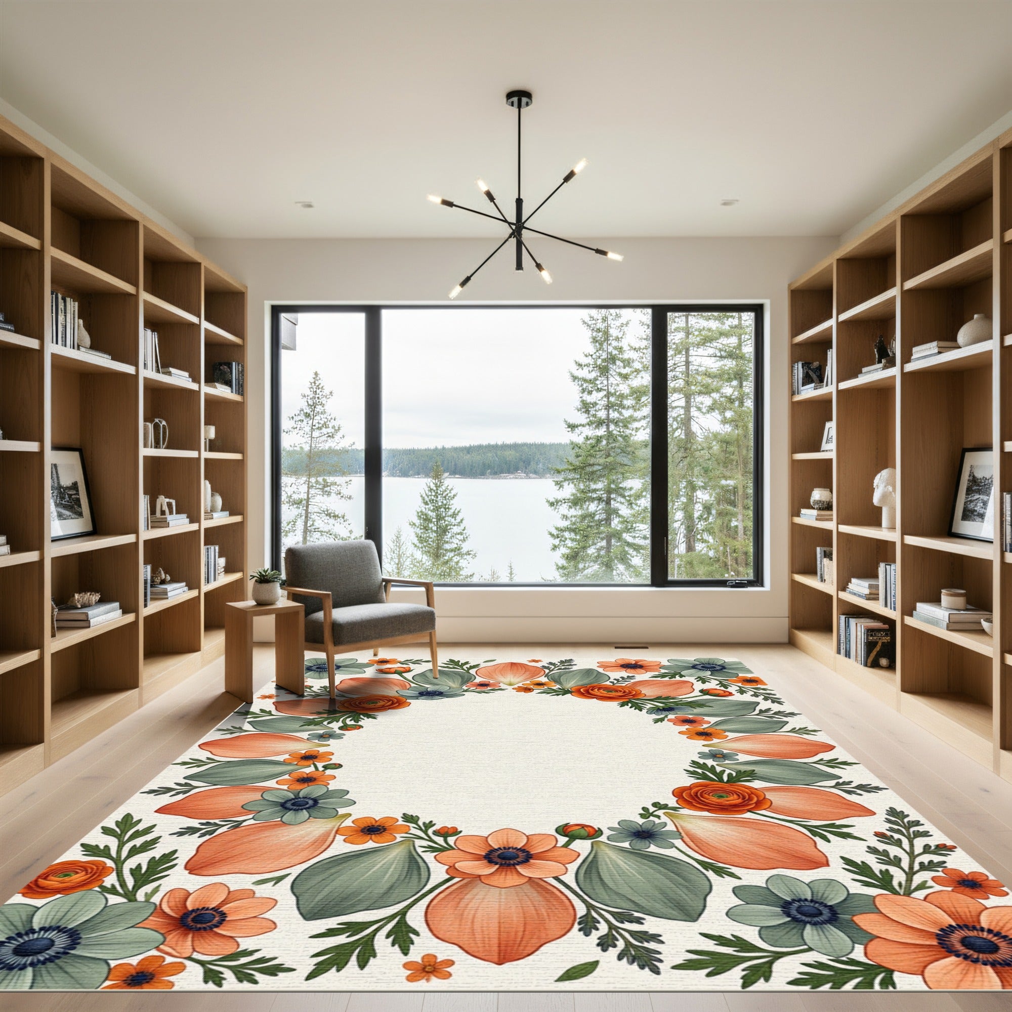 Floral Wreath Orange Teal Blossom Rug