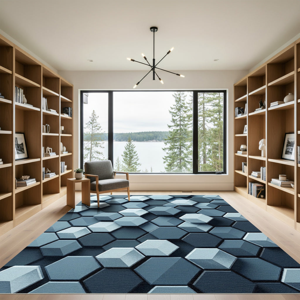 Modern Blue Geometric Hexagon Composition Rug