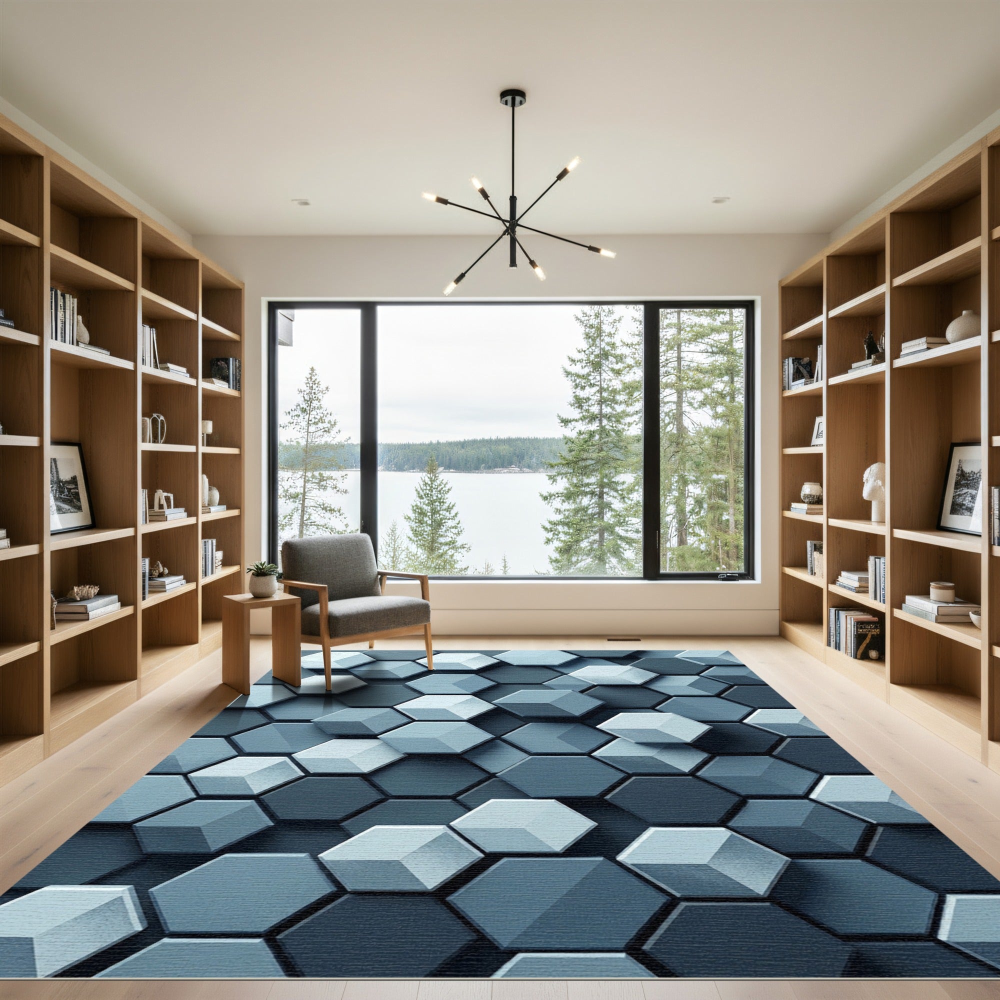 Modern Blue Geometric Hexagon Composition Rug
