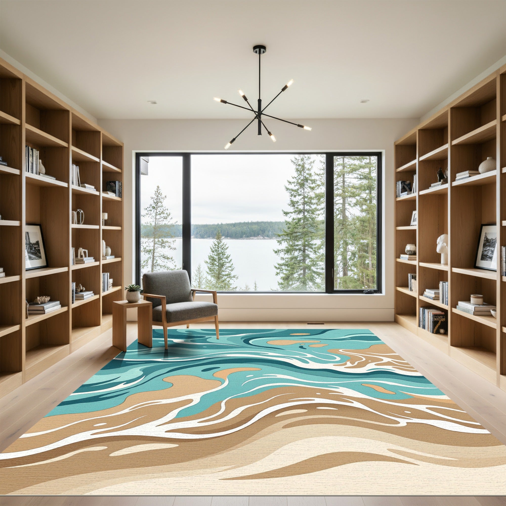 Abstract Teal and Sand Wave Accent Rug