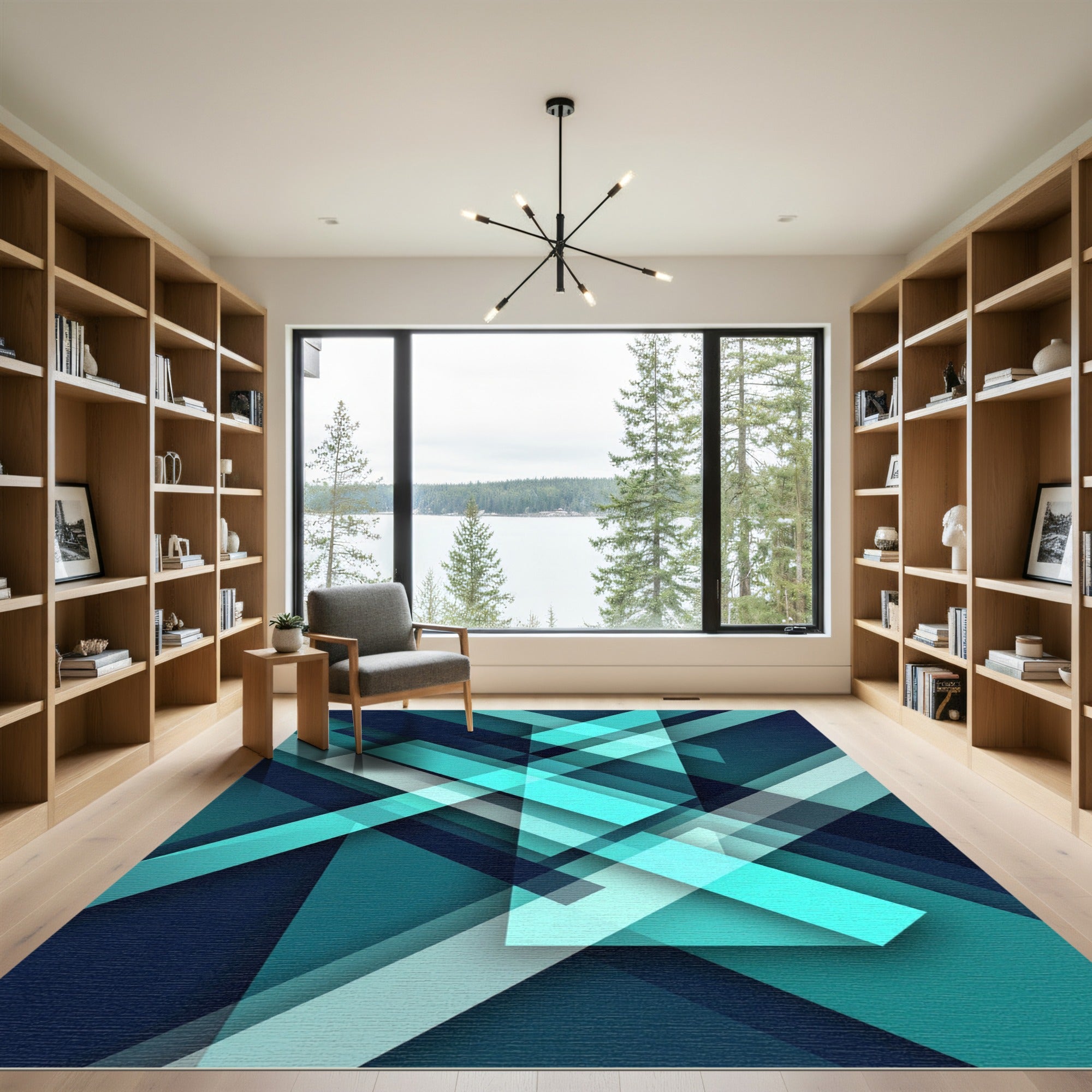 Modern Teal Geometric Angular Lines Rug