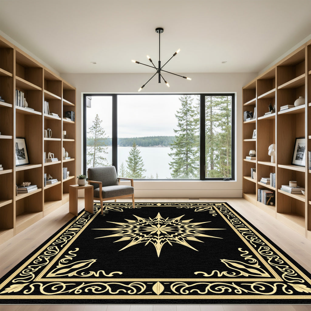 Golden Sunburst Black Elegant Medallion Rug