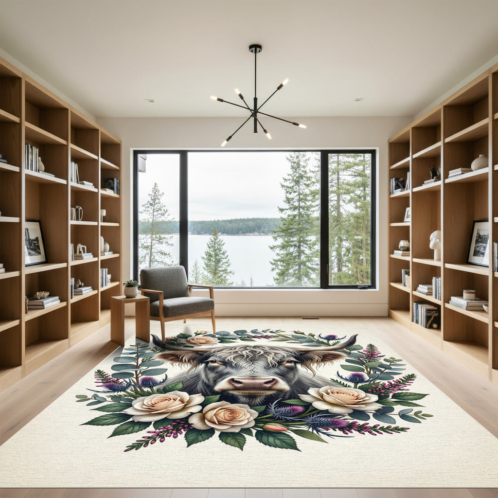 Highland Cow Floral Botanical Wreath Rug