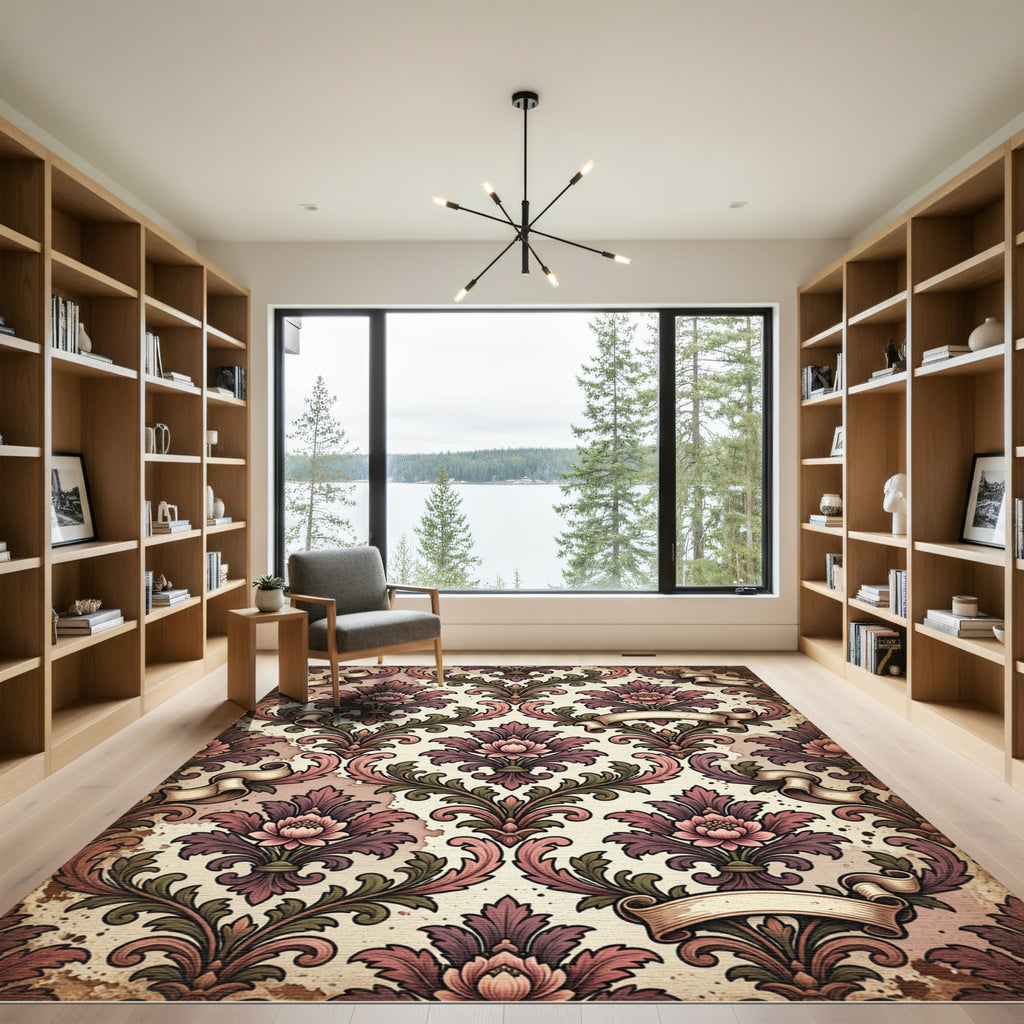 Rich Plum Floral Damask Vintage Ribbon Rug