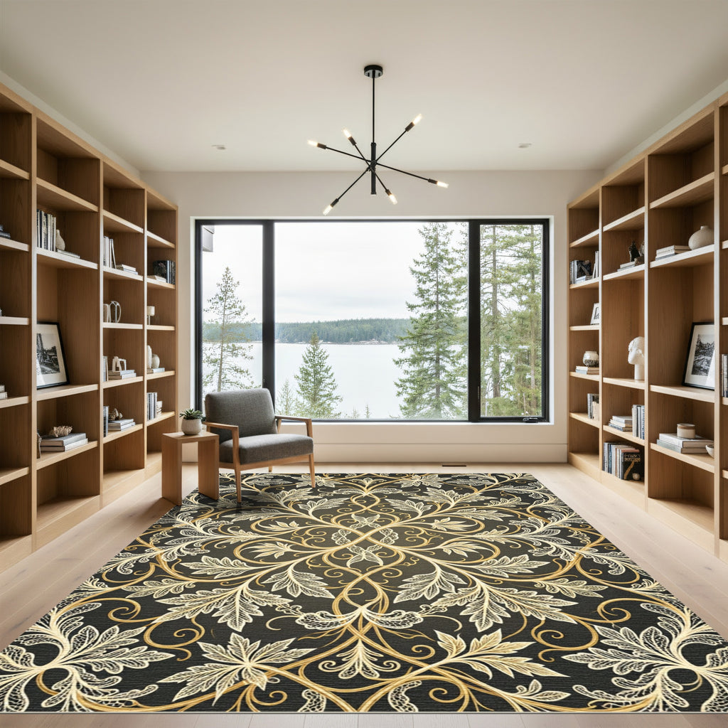 Ornate Golden Filigree Foliage Scroll Rug