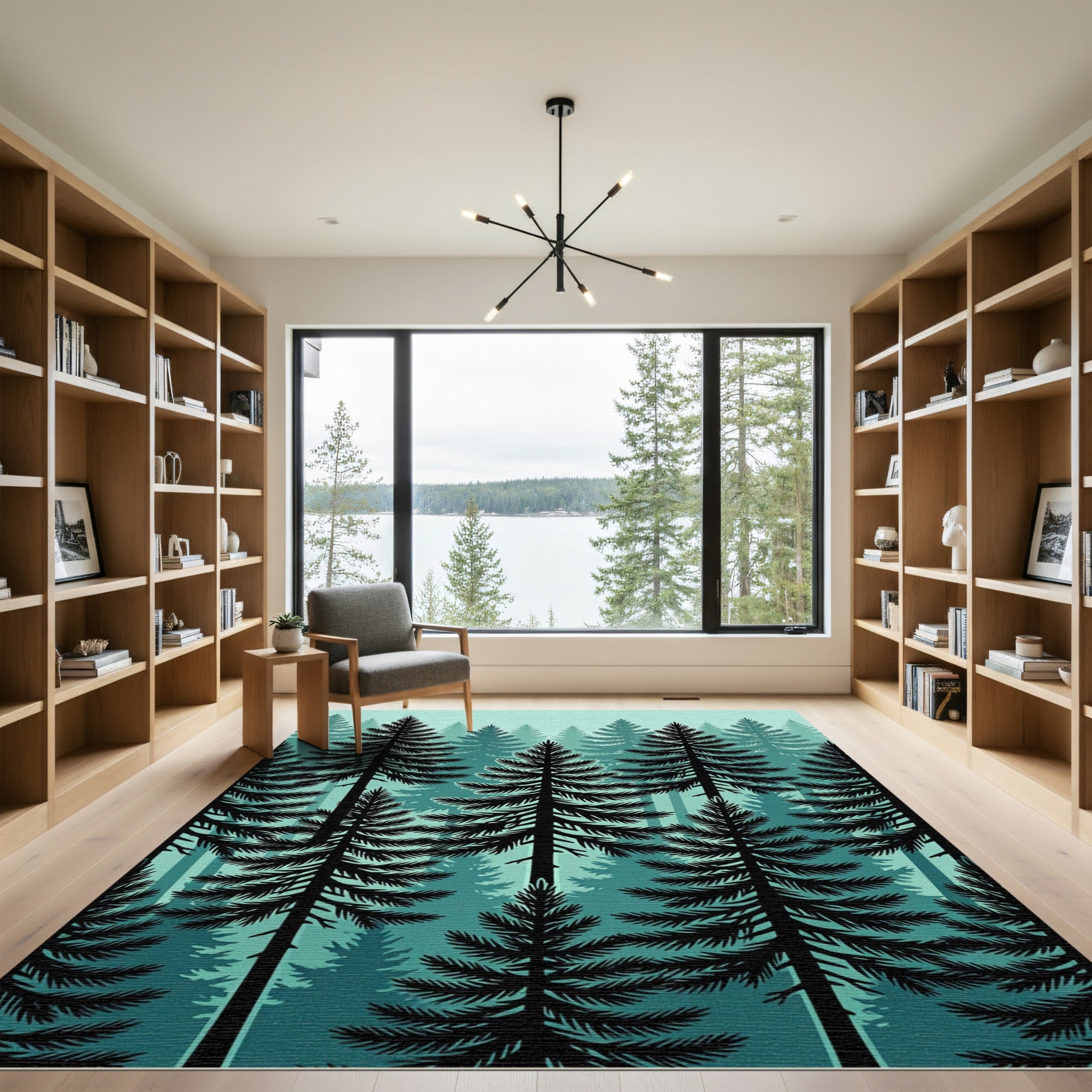 Deep Teal Evergreen Forest Landscape Rug