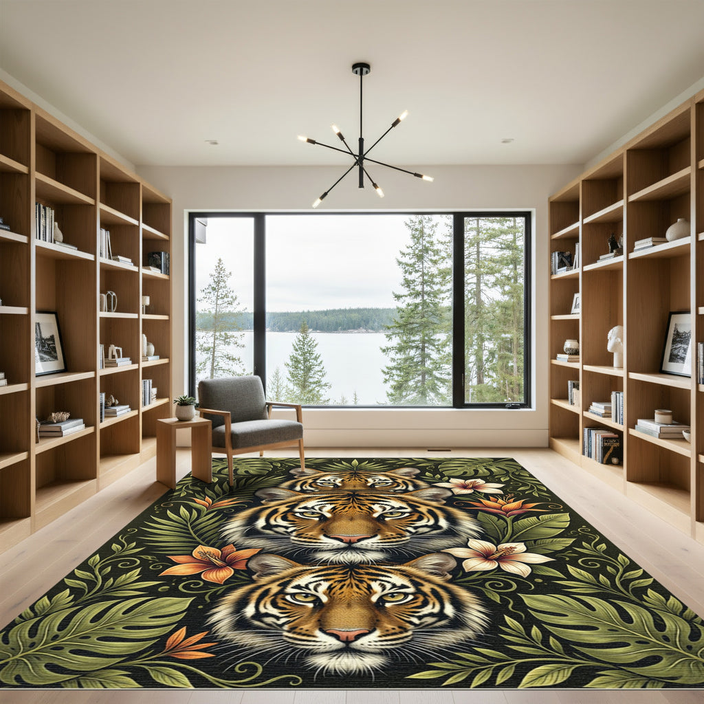 Tiger Heads Tropical Jungle Botanical Rug