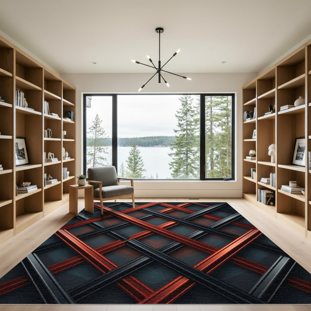 Modern Crimson and Charcoal Geometric Interwoven Axis Rug
