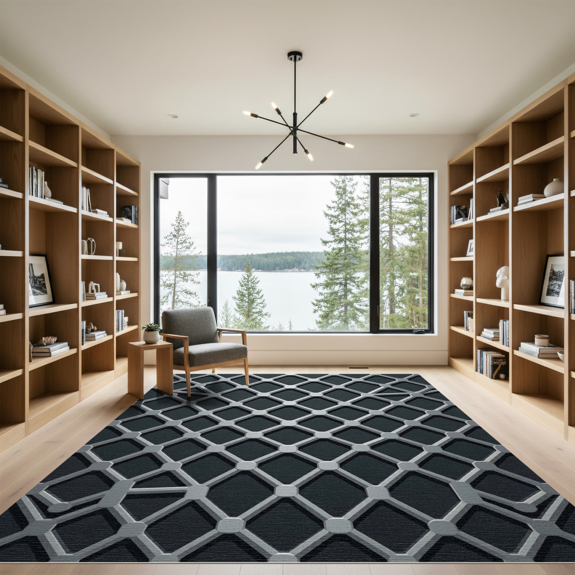 Modern Monochrome Interconnected Lattice Grid Rug