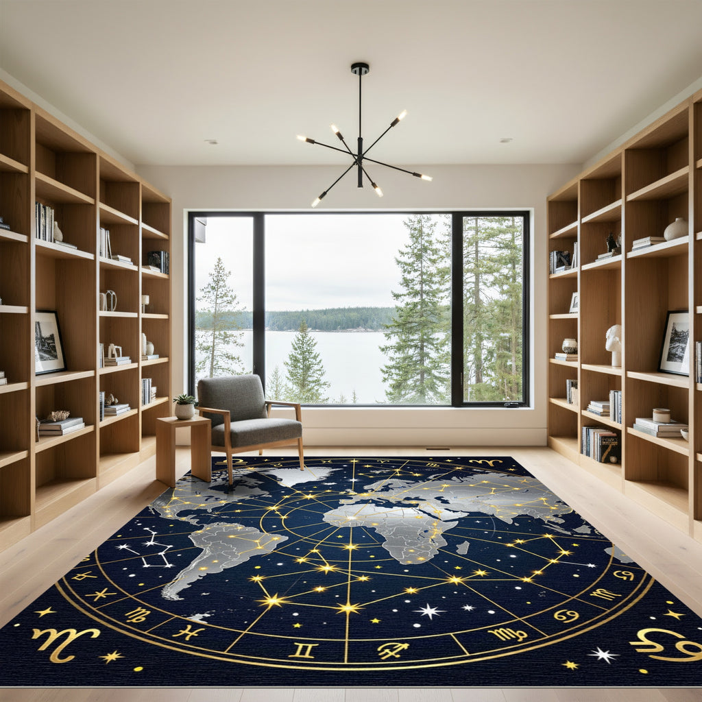 Celestial Golden Constellation World Map Rug