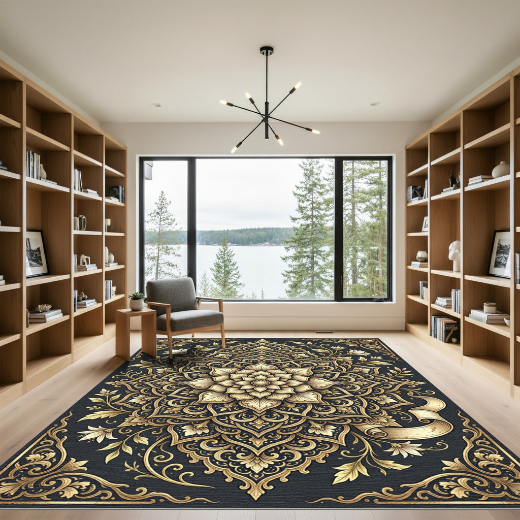 Gilded Golden Floral Mandala Rug