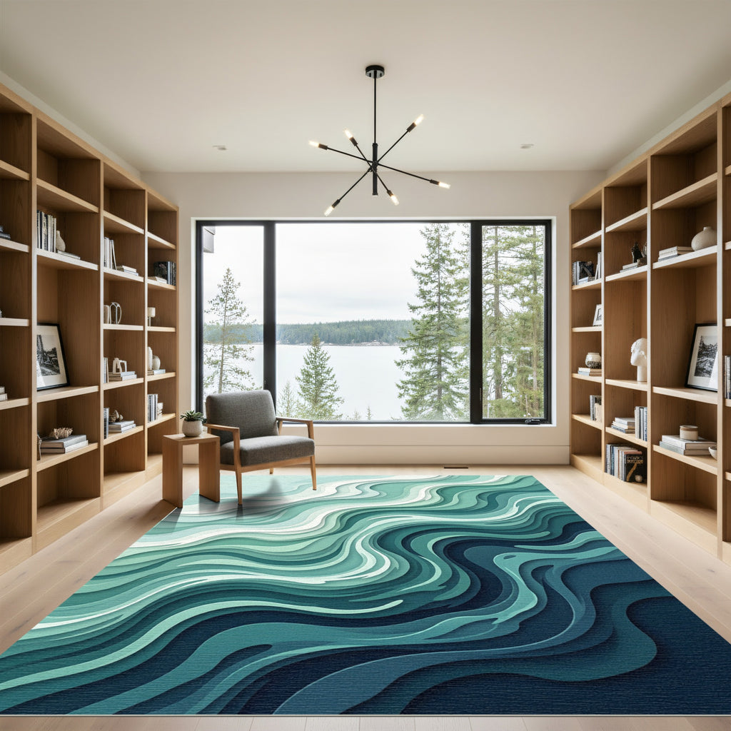 Abstract Teal Blue Water Layers Rug