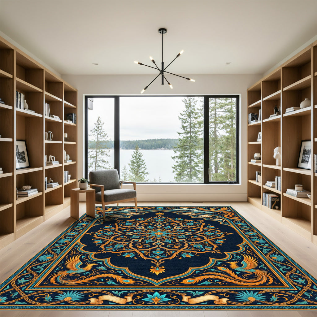 Ornate Golden Phoenix Floral Medallion Rug